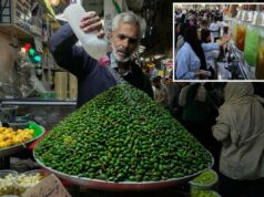 Os iranianos alertaram para conservar a água, já que as sanções dos EUA e décadas de má gestão ameaçam o colapso total Um vendedor de frutas regando amêndoas verdes em um mercado.
