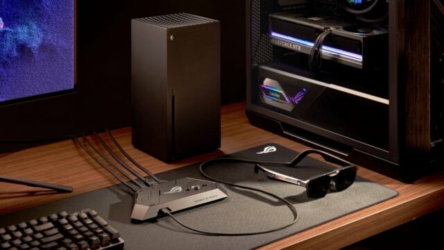 jogador usando óculos AR ROG Xreal R1 Gaming