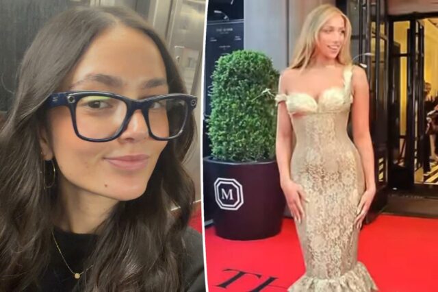 Colagem de óculos inteligentes RayBan Meta Wayfarer, um par com lentes transparentes e outro par com lentes de óculos de sol azul escuro.
