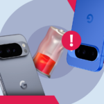 Uma mão segurando um smartphone Google Pixel azul com um ícone de alerta e ícones representando câmera, áudio e bugs.