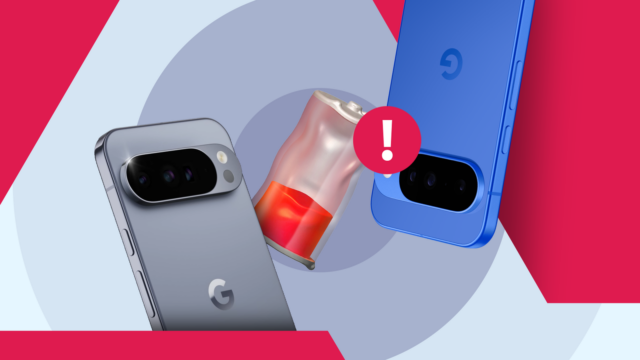 Uma mão segurando um smartphone Google Pixel azul com um ícone de alerta e ícones representando câmera, áudio e bugs.