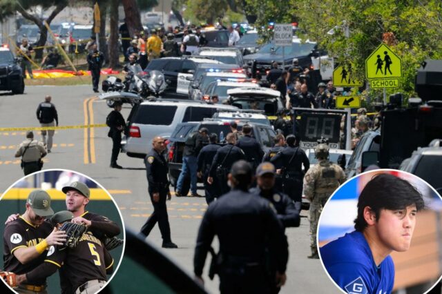 Padres e Dodgers fazem momento de silêncio após tiroteio na Polícia e veículos de emergência se reuniram em uma rua do Centro Islâmico de San Diego.