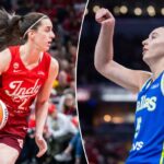 A armadora do Indiana Fever, Caitlin Clark (22), dribla a bola, enquanto a armadora do Dallas Wings, Paige Bueckers (5), defende no primeiro tempo em Gainbridge Fieldhouse.
