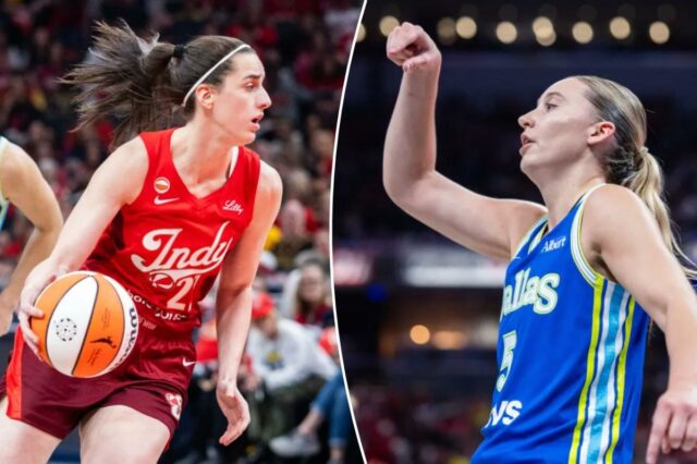 A armadora do Indiana Fever, Caitlin Clark (22), dribla a bola, enquanto a armadora do Dallas Wings, Paige Bueckers (5), defende no primeiro tempo em Gainbridge Fieldhouse. 