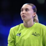 ARLINGTON, TEXAS - MAY 18: Paige Bueckers #5 of the Dallas Wings looks on prior to the game against the Washington Mystics at College Park Center on May 18, 2026 in Arlington, Texas.(Photo by Sam Hodde/Getty Images)