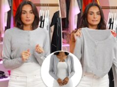 Paige DeSorbo declarou este cardigã de US $ 30 como ‘perfeito’: ‘Um item básico mesmo no verão’ Uma mulher vestindo um cardigã cinza de botões sobre um vestido branco.