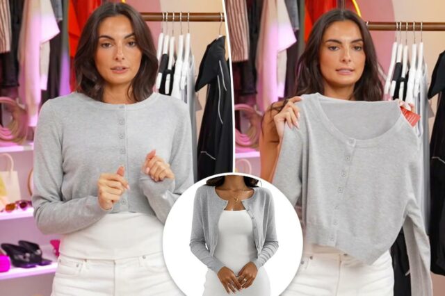 Paige DeSorbo declarou este cardigã de US $ 30 como Uma mulher vestindo um cardigã cinza de botões sobre um vestido branco.
