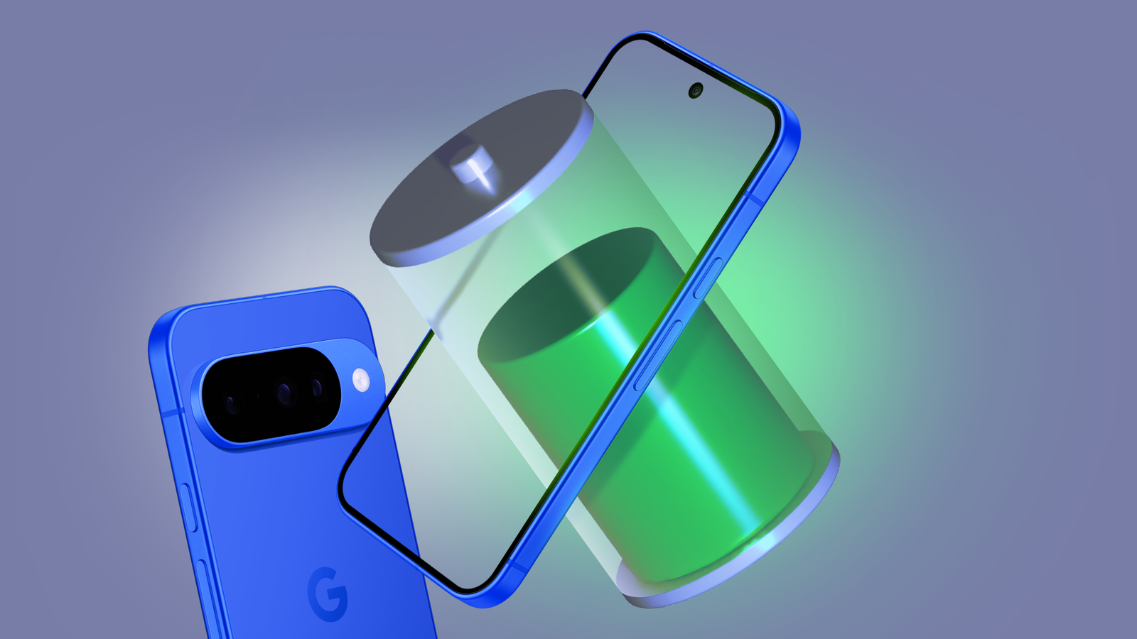 Google Pixel 10 azul sobreposto a um ícone de calendário exibindo o ano de 2030.