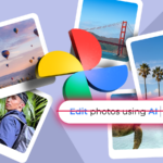 Uma mão segurando o logotipo do Google Fotos em frente a um fundo colorido repleto de miniaturas de imagens e formas geométricas.
