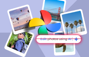 Parei de usar as edições de IA do Google Fotos – e minhas fotos ficam melhores com isso Uma mão segurando o logotipo do Google Fotos em frente a um fundo colorido repleto de miniaturas de imagens e formas geométricas.