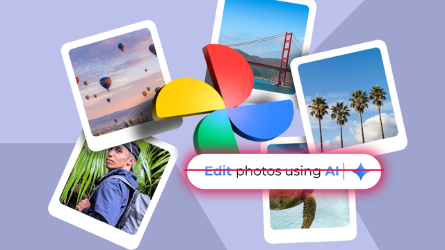 Uma mão segurando o logotipo do Google Fotos em frente a um fundo colorido repleto de miniaturas de imagens e formas geométricas.
