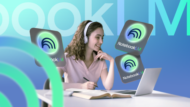 A interface NotebookLM em um MacBook, com elementos flutuantes que mostram notas, resumos e recursos de visão geral de áudio, em um espaço de trabalho moderno.