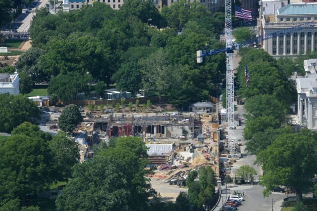 Work continues on the construction of the ballroom at the White House on May 16 in Washington where the East Wing once stood. (AP Photo/Rod Lamkey, Jr.)