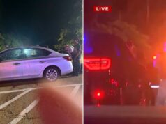Pelo menos 10 feridos em tiroteio no Lago Arcadia, em Oklahoma, após grande festa de jovens Carro branco com manchas de sangue nas laterais em um estacionamento à noite, com pessoas e árvores ao fundo.