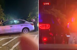 Pelo menos 10 feridos em tiroteio no Lago Arcadia, em Oklahoma, após grande festa de jovens Carro branco com manchas de sangue nas laterais em um estacionamento à noite, com pessoas e árvores ao fundo.