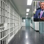 Um corredor de prisão vazio com grades brancas na parede esquerda e portas e molduras verde-azuladas à direita.