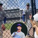 Pete Crow-Armstrong, do Chicago Cubs, reagindo após acertar uma dobradinha.