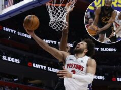 Pistons finalmente quebram sequência recorde de derrotas nos playoffs contra Cavaliers com vitória no jogo 1 Cade Cunningham, que marcou 23 pontos, o recorde da equipe, sobe para uma bandeja durante a vitória dos Pistons por 111-101 no jogo 1 sobre os Cavaliers em sua série de playoffs da segunda rodada em 5 de maio de 2026 em Detroit.