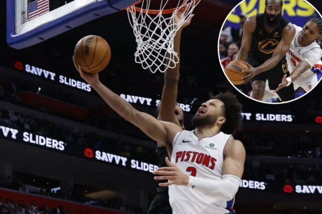 Cade Cunningham, que marcou 23 pontos, o recorde da equipe, sobe para uma bandeja durante a vitória dos Pistons por 111-101 no jogo 1 sobre os Cavaliers em sua série de playoffs da segunda rodada em 5 de maio de 2026 em Detroit. 