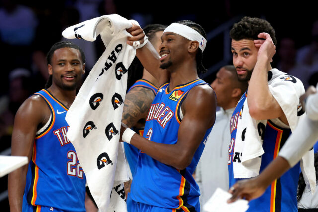 Playoffs da NBA, jogo 3, OKC Thunder x Lakers Shai Gilgeous-Alexander Ajay Mitchell