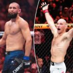 Sean Strickland reage após vitória por nocaute técnico sobre Anthony Hernandez em luta de peso médio durante o evento UFC Fight Night no Toyota Center em 21 de fevereiro de 2026 em Houston, Texas.