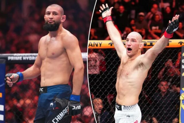 Sean Strickland reage após vitória por nocaute técnico sobre Anthony Hernandez em luta de peso médio durante o evento UFC Fight Night no Toyota Center em 21 de fevereiro de 2026 em Houston, Texas. 