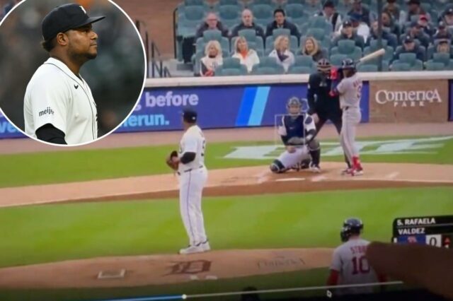O arremessador do Tigers, Framber Valdez, sai de campo após ser expulso durante a quarta entrada contra o Red Sox em 5 de maio de 2026.