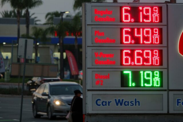 Gas prices over 6 dollars a gallon are seen on a sign at a Shell station on May 11, 2026, in San Diego