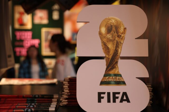 A FIFA sign is on display at a store on May 16, 2026 in Shanghai, China. The FIFA World Cup 2026 will kick off with an opening match in Mexico City on June 11.