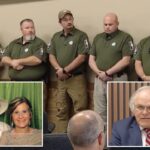 Seis policiais de Cohutta com camisa verde-oliva e calças cáqui parados em uma sala.