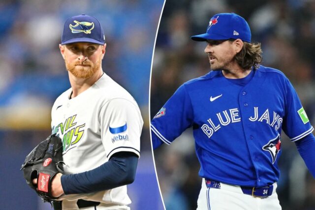 Uma colagem de imagens contendo 1 imagem, a imagem 1 mostra o arremessador do Tampa Bay Rays, Drew Rasmussen (57), se aquecendo durante o primeiro inning