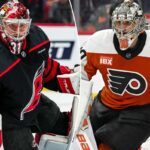 25 de abril de 2026; Filadélfia, Pensilvânia, EUA; O goleiro do Philadelphia Flyers, Dan Vladar (80), contra o Pittsburgh Penguins durante o segundo período do quarto jogo da primeira rodada dos Playoffs da Stanley Cup de 2026 na Xfinity Mobile Arena. Crédito obrigatório: Eric Hartline-Imagn Images