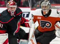Previsão do jogo 1 de Flyers vs. Hurricanes: probabilidades, escolhas e melhores apostas da NHL para os playoffs da Stanley Cup 25 de abril de 2026; Filadélfia, Pensilvânia, EUA; O goleiro do Philadelphia Flyers, Dan Vladar (80), contra o Pittsburgh Penguins durante o segundo período do quarto jogo da primeira rodada dos Playoffs da Stanley Cup de 2026 na Xfinity Mobile Arena. Crédito obrigatório: Eric Hartline-Imagn Images