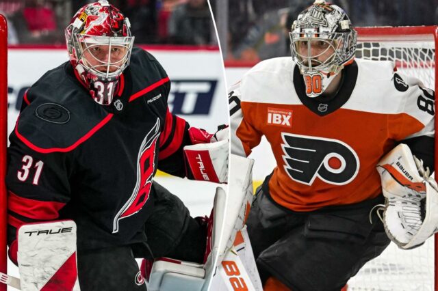25 de abril de 2026; Filadélfia, Pensilvânia, EUA; O goleiro do Philadelphia Flyers, Dan Vladar (80), contra o Pittsburgh Penguins durante o segundo período do quarto jogo da primeira rodada dos Playoffs da Stanley Cup de 2026 na Xfinity Mobile Arena. Crédito obrigatório: Eric Hartline-Imagn Images