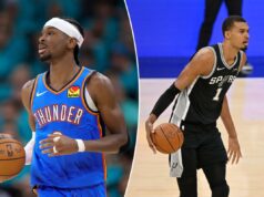 Previsão do jogo 4 do Thunder vs. Spurs, probabilidades: a profundidade do OKC continua a superar o Spurs Shai Gilgeous-Alexander sendo ajudado por Jared McCain durante o terceiro jogo das finais da Conferência Oeste da NBA de 2026.