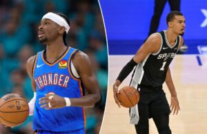 Previsão do jogo 4 do Thunder vs. Spurs, probabilidades: a profundidade do OKC continua a superar o Spurs Shai Gilgeous-Alexander sendo ajudado por Jared McCain durante o terceiro jogo das finais da Conferência Oeste da NBA de 2026.