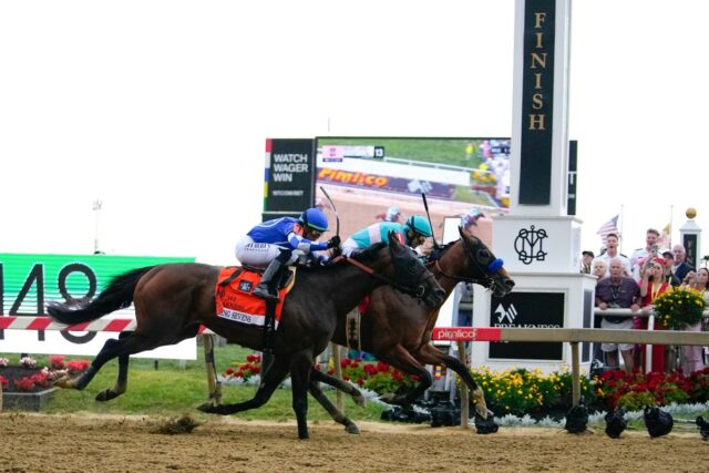 Probabilidades de Preakness para 2026, pós-posições: Iron Honor de Chad Chad C. Brown, treinador de cavalos Early Voting, segura o Woodland Vase depois que seu cavalo venceu a 147ª corrida do Preakness Stakes.