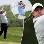 Jon Rahm acertando uma bola de golfe durante o torneio LIV Golf Virginia.