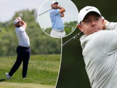 Probabilidades do Campeonato PGA de 2026: Scottie Scheffler e Rory McIlroy lideram a tabela em Aronimink Jon Rahm acertando uma bola de golfe durante o torneio LIV Golf Virginia.