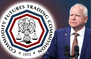 Processo da CFTC desafia proibição de crimes em Minnesota visando bolsas de mercado de previsão Processo da CFTC contra a lei dos mercados de previsão de Minnesota apresentando o logotipo da Commodity Futures Trading Commission e o governador Tim Walz durante a escalada da disputa federal sobre regulamentação de contratos de eventos e restrições de jogos de azar