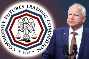 Processo da CFTC desafia proibição de crimes em Minnesota visando Processo da CFTC contra a lei dos mercados de previsão de Minnesota apresentando o logotipo da Commodity Futures Trading Commission e o governador Tim Walz durante a escalada da disputa federal sobre regulamentação de contratos de eventos e restrições de jogos de azar