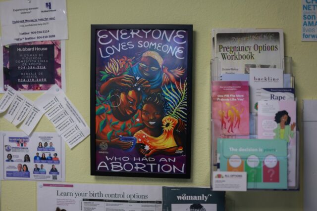 Supportive messages hang on a wall of the group counseling room in the A Woman's Choice of Jacksonville clinic on April 30, 2024.
