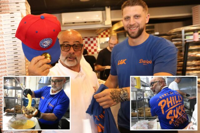 Proprietário do icônico Pat's cheesesteaks da Filadélfia força a trabalhar em NY - vestindo a camisa 'Philly Sucks' - depois de perder a aposta no Knicks
