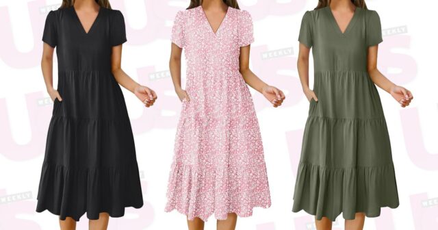 Psiu! O vestido mais vendido da Amazon com inchaço camuflado Alba Garavito Torre usa óculos de sol pretos da Ray Ban, brincos pendentes metálicos com franjas douradas, gola alta vermelha com bolinhas bege com nó alto / mangas bufantes / vestido longo com babados da Zimmermann, pulseiras douradas, anéis dourados, bolsa de couro bege fosco da Jacquemus, biqueira de couro dourado brilhante com nó e salto bloco mulas / sandálias da What For, durante sessão de fotos de moda street style, no dia 23 de março de 2022 em Paris, França.