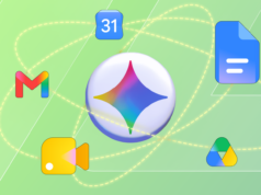 Quase não abro mais alguns dos meus aplicativos favoritos depois de usar o Gemini dessa forma Uma mulher sentada em um sofá usando o telefone, cercada pelos logotipos do Gmail, Drive, Docs, YouTube e Gemini.