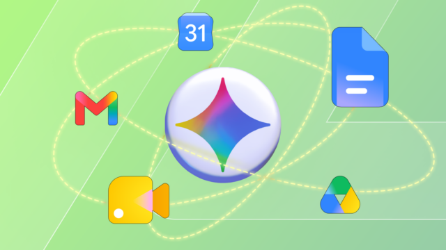 Quase não abro mais alguns dos meus aplicativos favoritos depois Uma mulher sentada em um sofá usando o telefone, cercada pelos logotipos do Gmail, Drive, Docs, YouTube e Gemini.