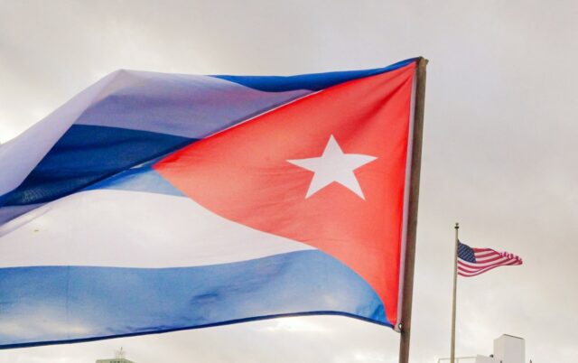 The Cuban national flag is seen during a protest in front of the U.S. Embassy in Havana on January 16, 2026.