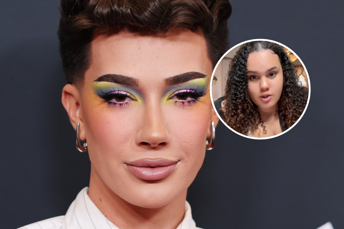 James Charles attends the 36th Annual GLAAD Media Awards at The Beverly Hilton on March 27, 2025, in Beverly Hills, California. Inset: Amber Lendof Vargas on TikTok.