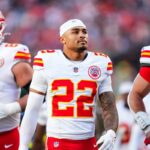 DENVER, CO - NOVEMBER 16: Trent McDuffie #22 of the Kansas City Chiefs exits the field at halftime during an NFL football game against the Denver Broncos at Empower Field at Mile High on November 16, 2025 in Denver, Colorado. (Photo by Cooper Neill/Getty Images)