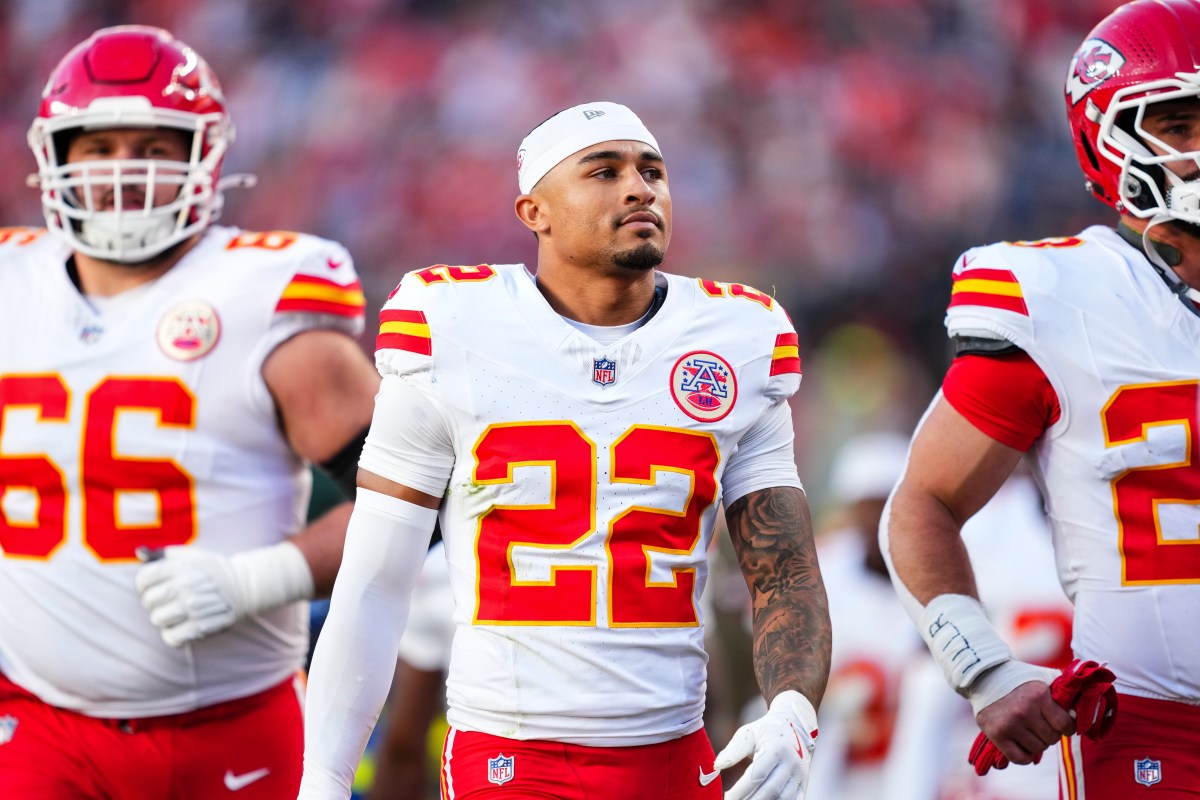 DENVER, CO - NOVEMBER 16: Trent McDuffie #22 of the Kansas City Chiefs exits the field at halftime during an NFL football game against the Denver Broncos at Empower Field at Mile High on November 16, 2025 in Denver, Colorado. (Photo by Cooper Neill/Getty Images)